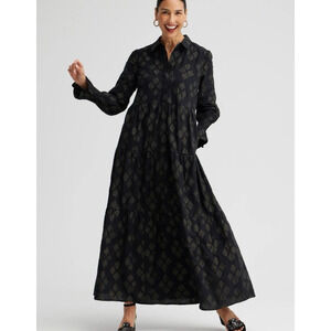 Chicos Maxi Shirt Dress Womens Size 3 XL Black Gold Jacquard Lurex Tiered